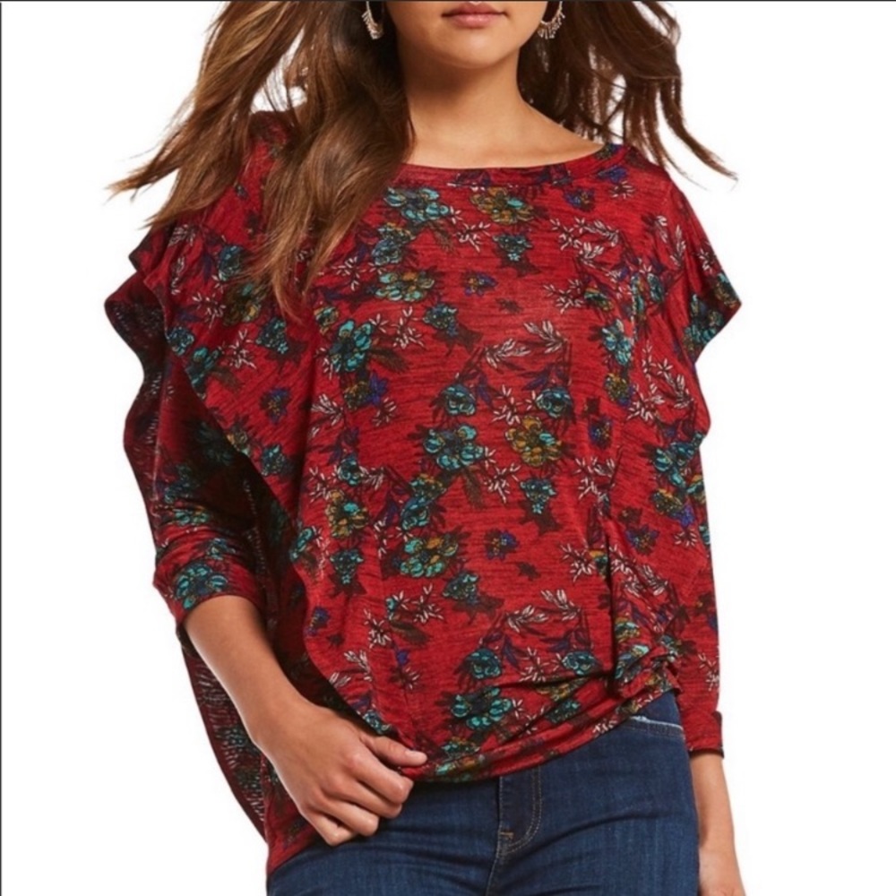 Free People Dock Street Red Floral Stretchy Ruffle Top